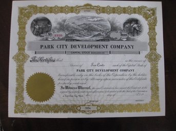 STOCK CERTIFICATE FOR THE PARK CITY DEVELOPMENT CO. A CAPITAL STOCK UTAH CO.