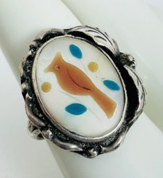 VINTAGE NATIVE AMERICAN ZUNI STERLING SILVER INLAID BIRD MOTHER OF PEARL RING