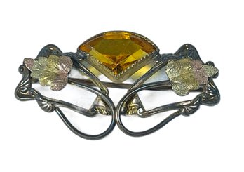 Fancy Victorian Brooch Having Amber Glass Stone Leaves