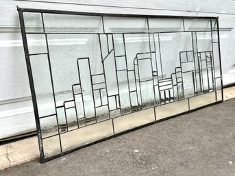 Large Unique Stained Glass Panel Of New York Skyline  52 X 22 - Clear Textures, Bevels And Leaded Glass