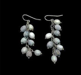 Vintage Sterling Silver And Gray Beaded Dangle Earrings