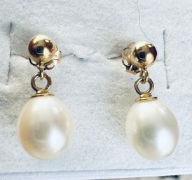 BEAUTIFUL 14K GOLD PEARL DROP DANGLE EARRINGS