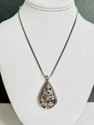 Brighton  Silver Tone Necklace Teardrop  Flower Pendant With Crystals16' Chain  2' Pendant With Bag