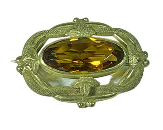 Fine Antique Victorian Gold Over Brass Oval Brooch Having Amber Glass Stone