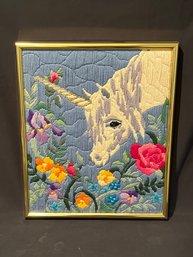 For Unicorn Lovers! Whimsical Crewel Embroidered Little Unicorn In Gold Metal Frame