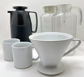 Mr Coffee Thermos, Cilio Coffee Filter Cone, 2 Vintage Glass Pitchers & 2 Williams Sonoma Mugs