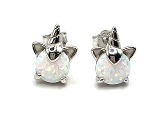 Cute Sterling Silver Opal Color Unicorn Stud Earrings