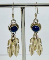 NATIVE AMERICAN STERLING SILVER LAPIS LAZULI FEATHER DANGLE EARRINGS