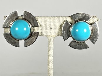 M&J Savitt Sterling Silver Turquoise Screw Back Earrings