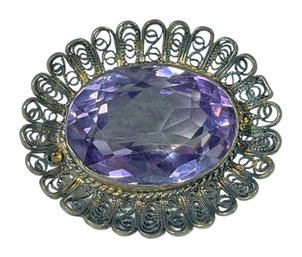 Antique Genuine Amethyst Brooch Pin Sterling Silver Filigree Oval Brooch