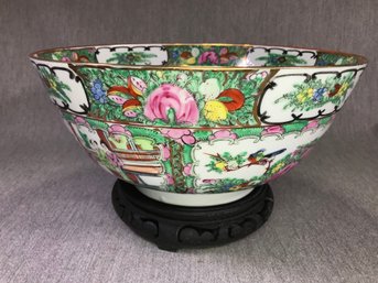 Fantastic Large Vintage Hand Painted Rose Medallion Bowl With Vintage Carved Wood Base - Bowl Is Unmarked !