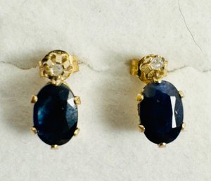 PRETTY 14K GOLD BLUE SAPPHIRE AND DIAMOND EARRINGS