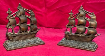 Vintage Set Of Brass Ship Bookends