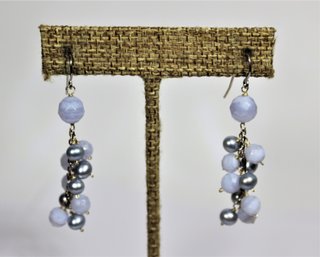 Blue Agate Faceted Stone And Genuine Pearl Sterling Silver Pierced Earrings