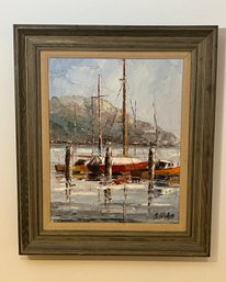 Signed Oil On Board Sailboat Scene - Gustav Kuhn (German 1872-1949) Wood Frame With Linen Mat