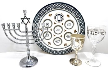 Judaica: Unused Italian Miriam's Cup With Silver Letters, Menorah, Kiddish Cup & Melamine Seder Plate