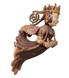 Female Figure With Crown  And Wings  Carved Wood Polychrome  South Indian Wall Art