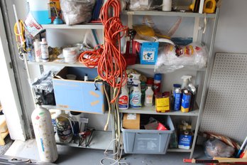 2 Metal Shelves Full Of Cleaning Supplies, Hardware, Tools Etc, Take Shelves And All!