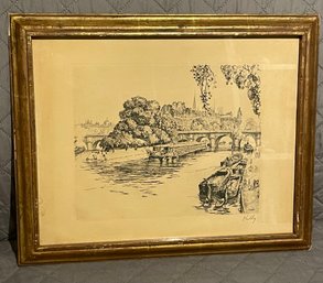 Eau Forte De Paris Quai Et Notre Dame Antique Engraving Signed By Artist