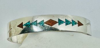 VINTAGE NAVAJO NATIVE AMERICAN SOLID STERLING SILVER INLAID CUFF BRACELET, HALLMARKED