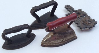 ANTIQUE LOT OF 3 TOY IRONS: Plus Tiny Trivet, Child Play Set, Doll, Cast Iron