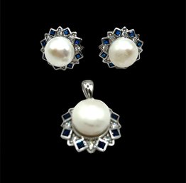 Sterling Silver Pearl Sapphire And Clear Stone Earrings And Pendant Set