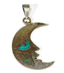 1970s Sterling Silver Moon Face Turquoise Pendant