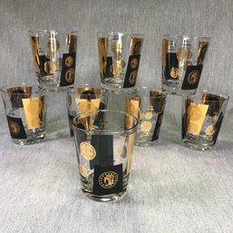 Set Of Eight Large Vintage CERA CORA - MCM / Midcentury LOW BALL Glasses With Gold Coins - Hard To Find Eight