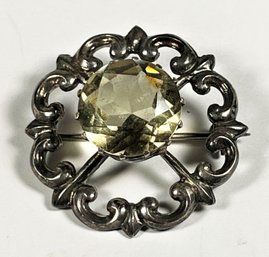 Sterling Silver Antique Brooch Having Large Smoky Topaz Quartz