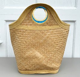 A Vintage Woven Reed Bag - Plastic Lined And Embroidered