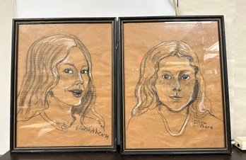 Two Framed Black And White Pastel Portrait On Brown Paper Signed By Artist Eileen Ahern.      TA-WA(B)