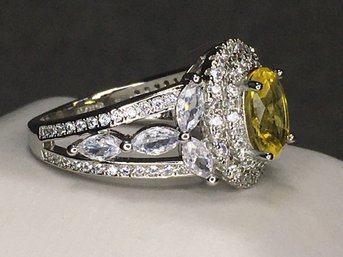 Incredible Brand New 925 / Sterling Silver Ring With Intense Yellow Topaz And Encrusted With White Zircons