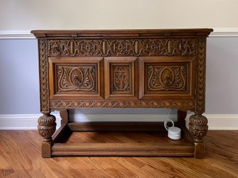 Early 20th C. Oak Carved Two-Door Jacobean Bar Cabinet
