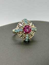 Unique Filigree/ Fleur De Lis & Multi Gemstone Sterling Silver Ring