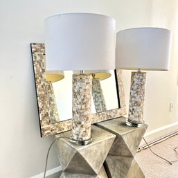 A Pair Of Safavieh Mother Of Pearl Mosaic Table Lamps - Matching Mirror