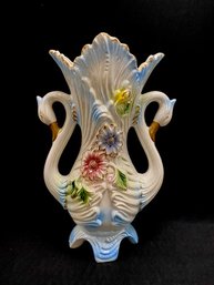 Huge Vintage Opalescent Porcelain Lusterware Dual Swan Handled Vase