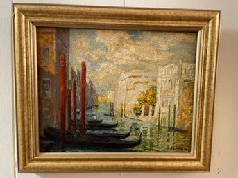 Signed Painting Oil On Wood Venice Gondolas