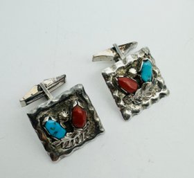 NATIVE AMERICAN STERLING SILVER TURQUOISE AND CORAL CUFF LINKS