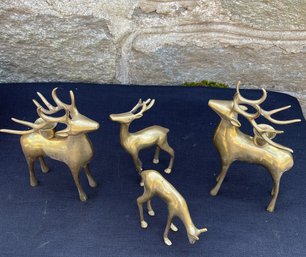 Four Vintage Brass Deer- Two Candle Holders And Two Figurines