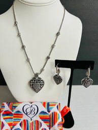 Brighton Silver Tone 'Reno' Heart Necklace  18'  Chain 1.5' Pendant Matcing Earrimgs  With Bag