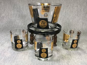 Set Of Three Vintage CERA CORA - MCM / Midcentury Highball Glasses With Gold Coins - With RARE Ice Bucket