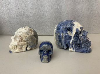 Three Sodalite Skulls Including One With Fire Quartz 1 Lb 8.6oz, 10.3oz & 3.5oz