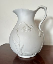 MMA Jonquil White Bisque Porcelain Pitcher W/ Relief Flower Tulip 9' Dated 1993