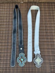 Set Of 2 Cache Leather Belts With Decorative Buckles