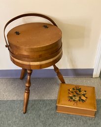 Vintage Round Wood Barrel SEWING BOX & Vintage Wood Storage Box With Buttons