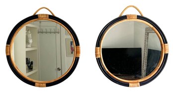 A Pair Of Vintage Modern Coastal Rattan Mirrors