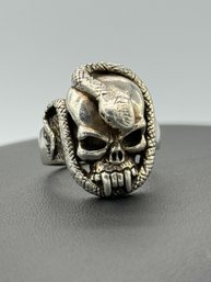 Incredible Vintage Skull & Snake Bikers Ring In Sterling Silver