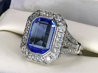 Wonderful Brand New Sterling Silver / 925 Ring - Sparkling Sodalite Gemstone And Sparkling White Zircons