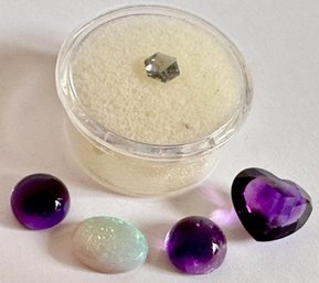5 Precious Natural Stones: Hand Cut Sapphire, Opal & 3 Amethysts, 1 Heart Shaped