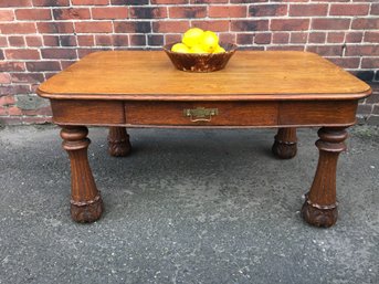 Lovely Antique Golden Oak Cocktail / Coffee Table With Drawer - Client Purchased In Vermont In 1980s For $595